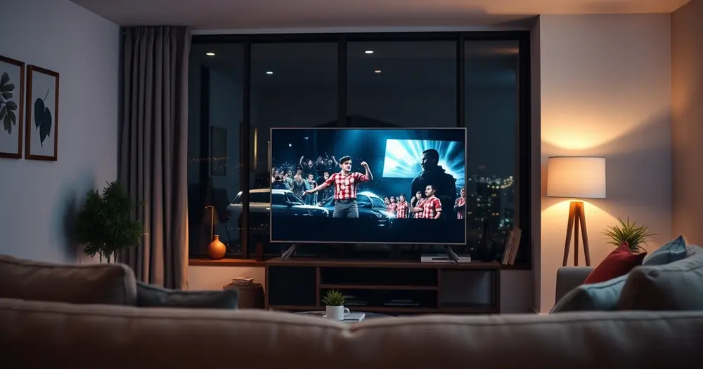 sala de estar com televisão ligada exibindo filme à noite