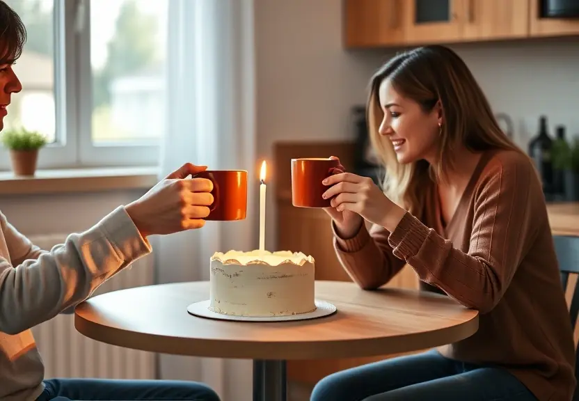 Duas amigas brindam com xicaras diante de um bolo simples com uma vela acesa