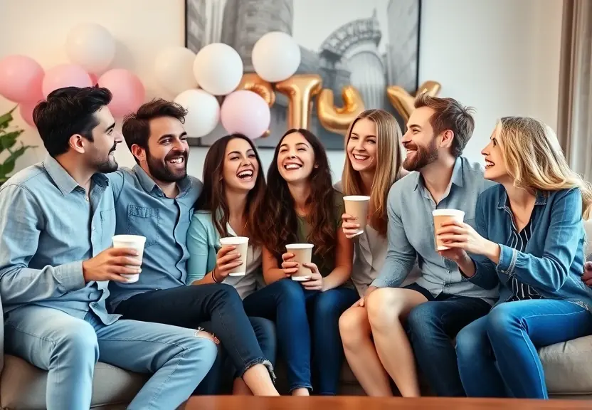 Grupo de amigos rindo na sala, com baloes desfocados ao fundo