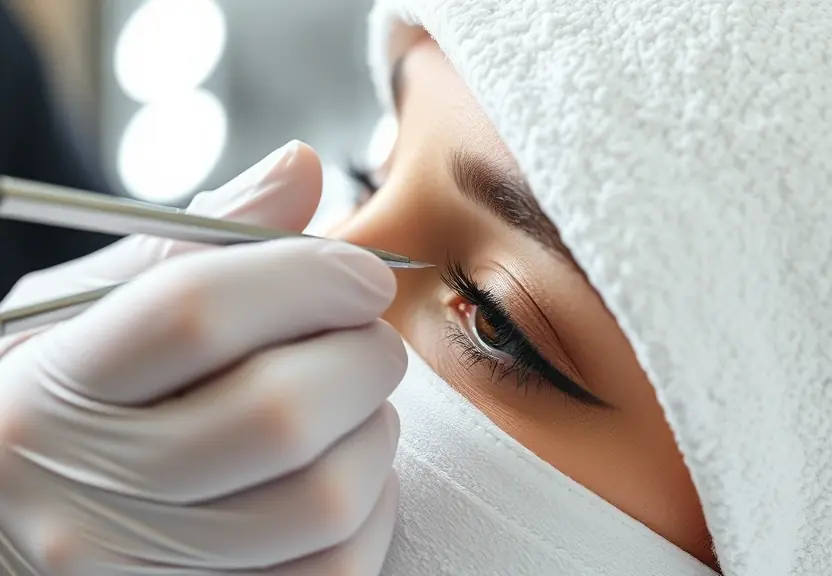 Profissional aplica extensao de cilios com pinca em estudio bem iluminado