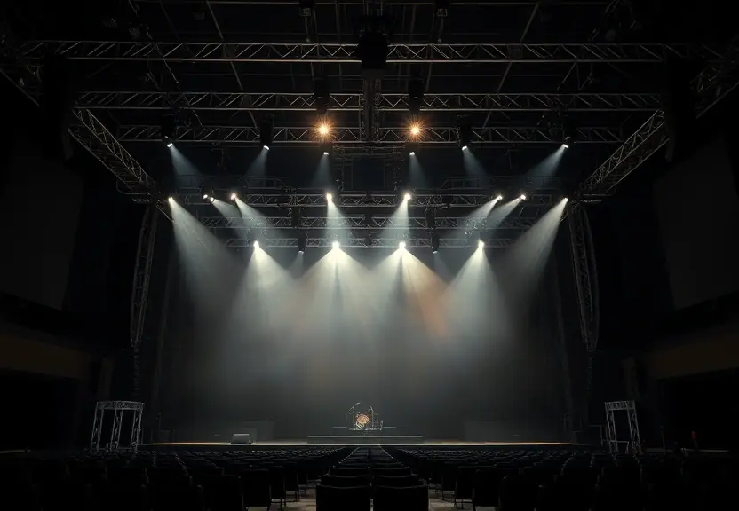 Palco vazio de show visto de lado, com refletores acesos e fumaca no ar