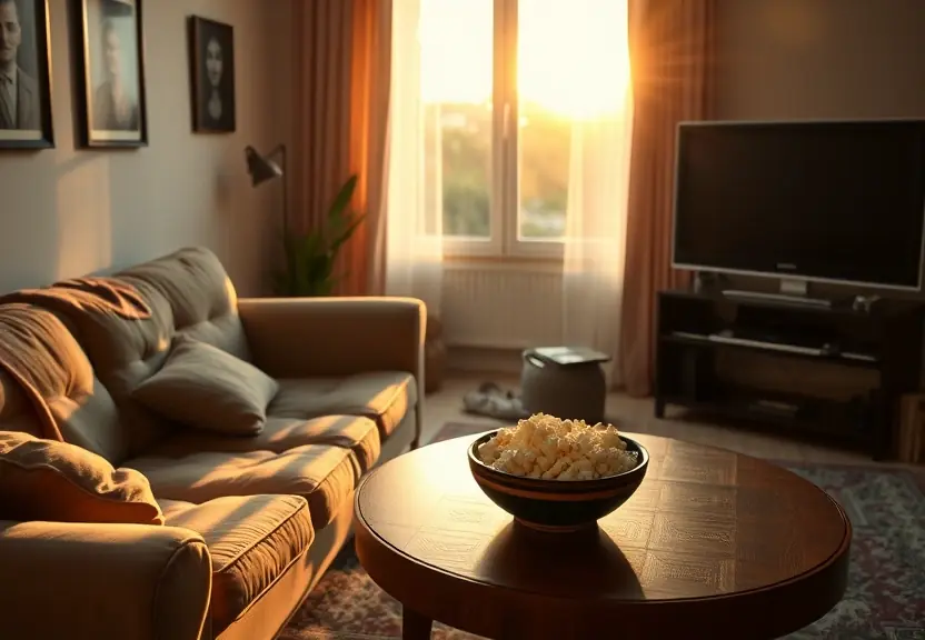 Sala de estar no fim da tarde, com pipoca na mesa e a televisao desligada