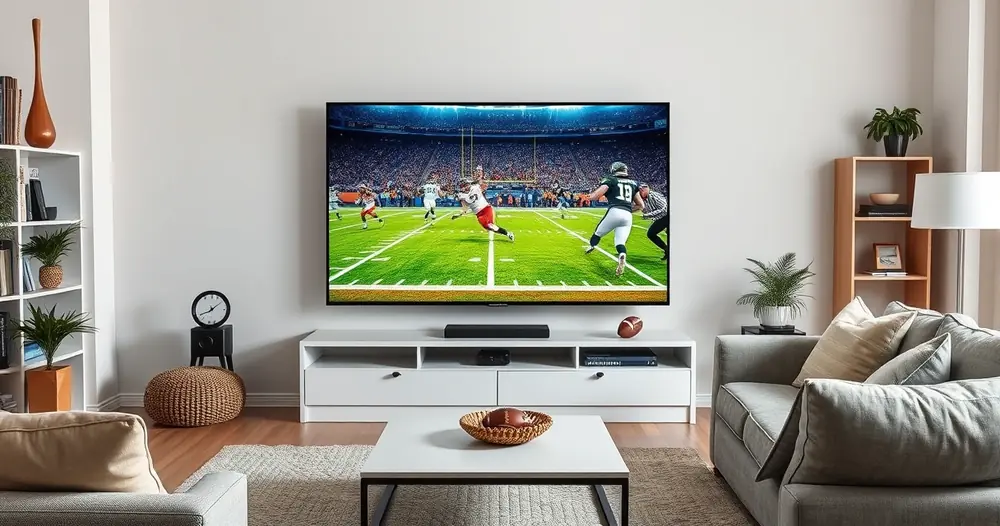 jogo de futebol americano transmitido em televisão de tela larga