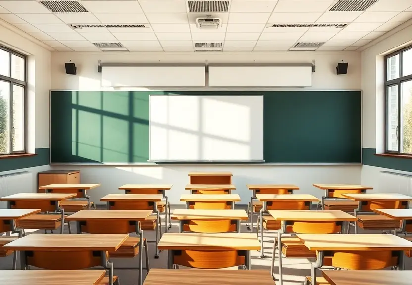 Sala de aula universitaria vazia, com carteiras de madeira e luz da manha
