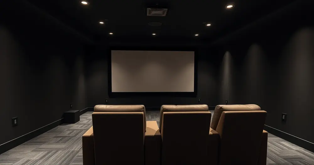 sala de cinema em casa com tela grande e duas poltronas