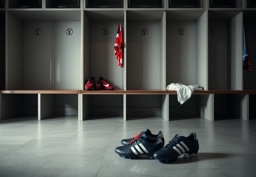 Banco de vestiario de futebol com uniforme dobrado e chuteiras no chao